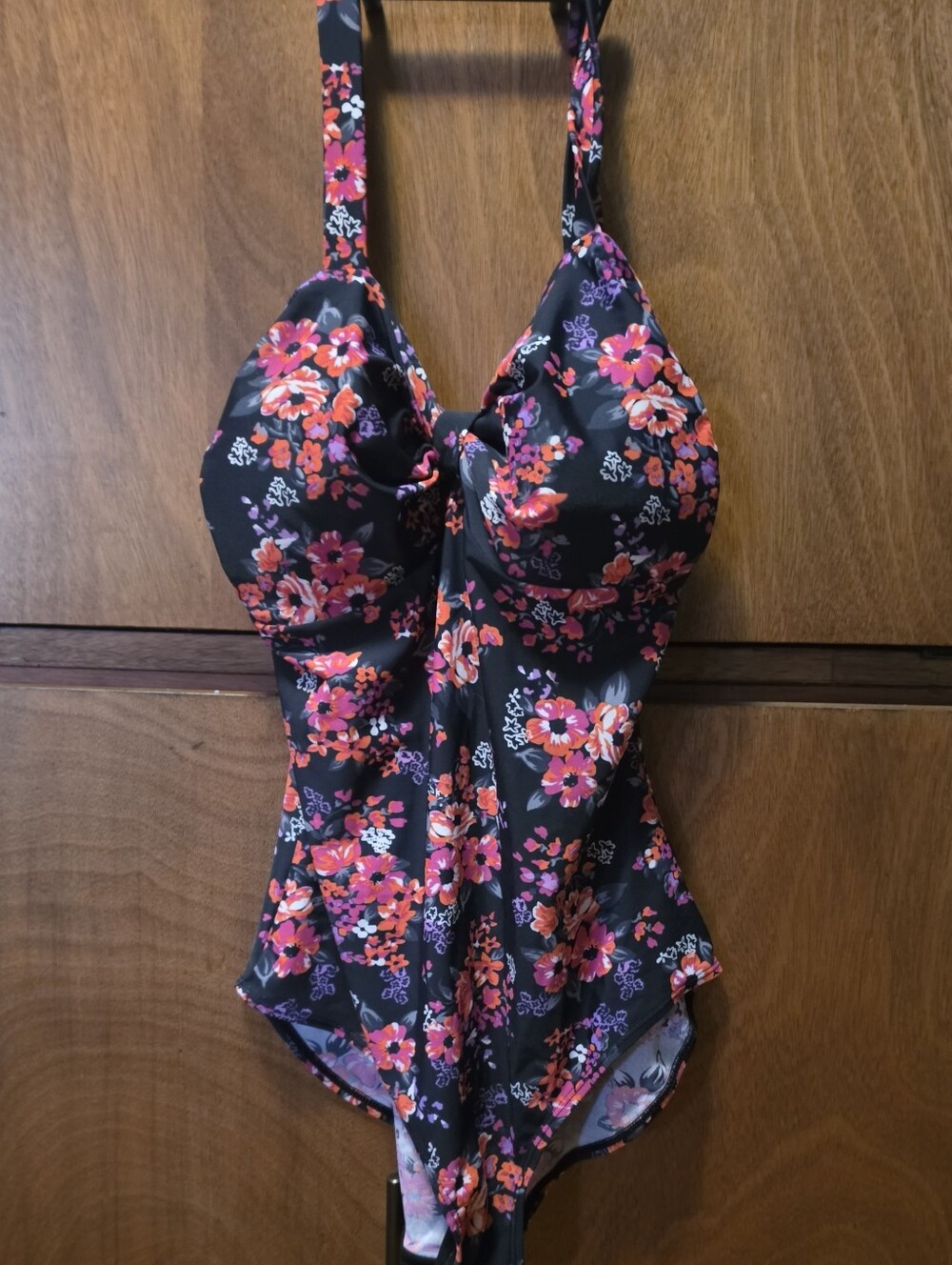 Beach Bash Floral One-Piece Swimsuit in Black with Pink & Red Flowers - Medium